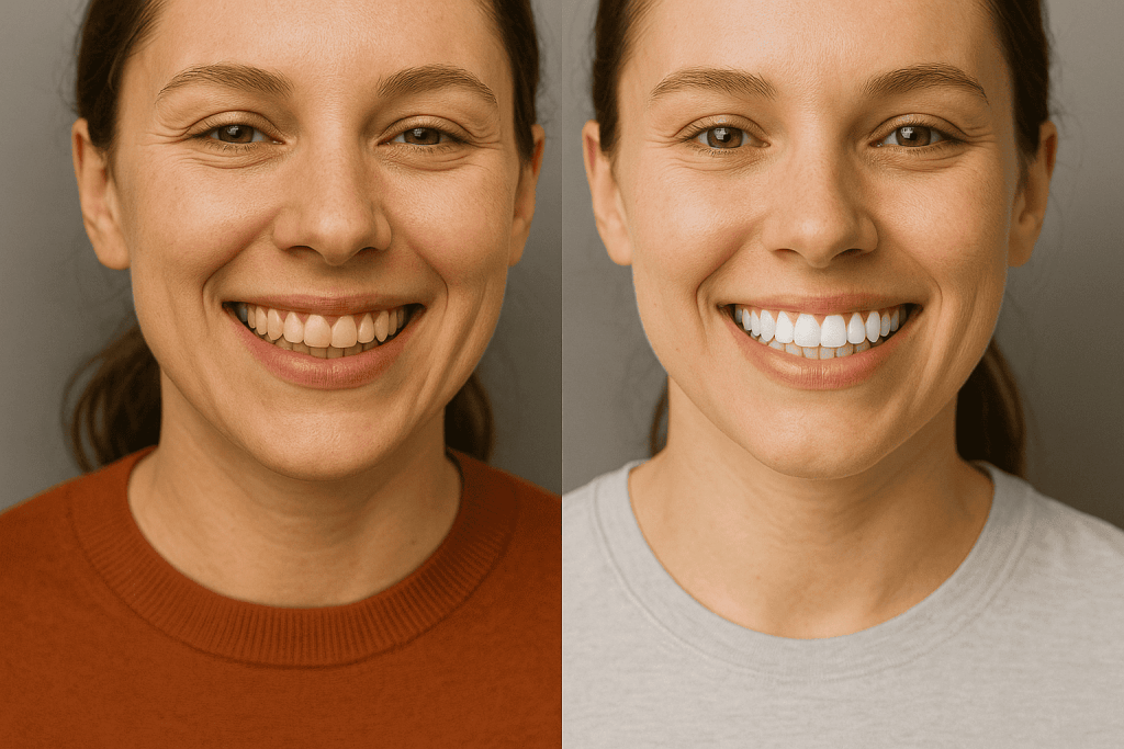 Risultato estetico di un trattamento di sbiancamento denti: evoluzione del sorriso prima e dopo la seduta