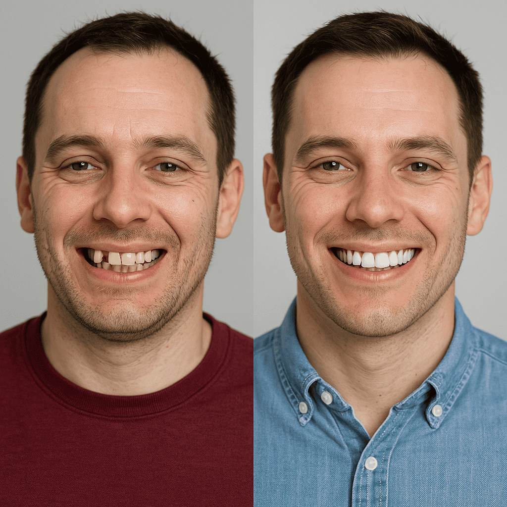 Risultato prima e dopo l'applicazione di corone dentali su paziente uomo