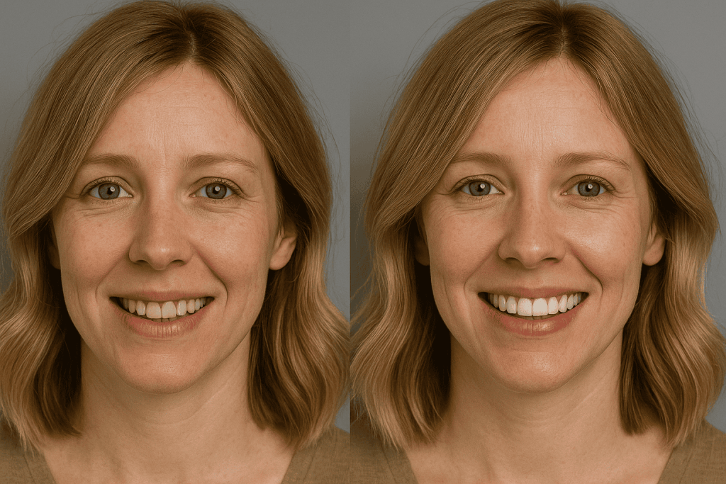 Confronto prima e dopo il trattamento di odontoiatria estetica con faccette dentali su una donna