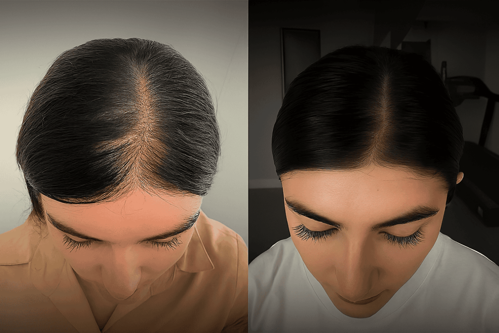 Résultat avant et après greffe capillaire chez une femme souffrant de perte de cheveux, réalisée en Turquie.