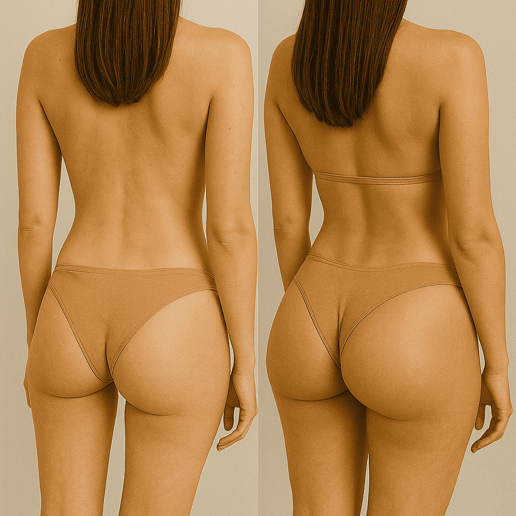 Avant et après BBL en culotte beige avec augmentation du galbe des fesses