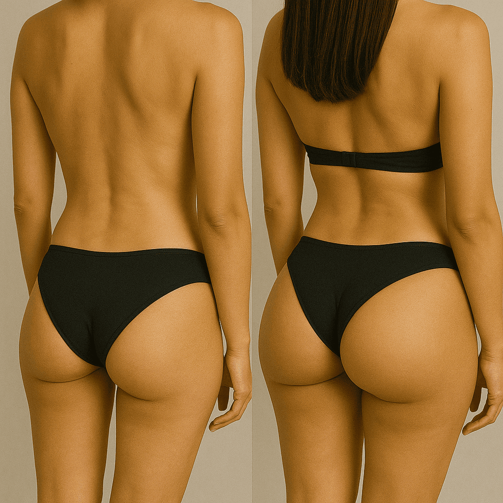 Avant et après chirurgie BBL en culotte noire avec augmentation du galbe