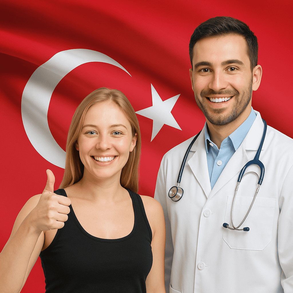 Patiente souriante et chirurgien heureux après une opération esthétique réussie en Turquie