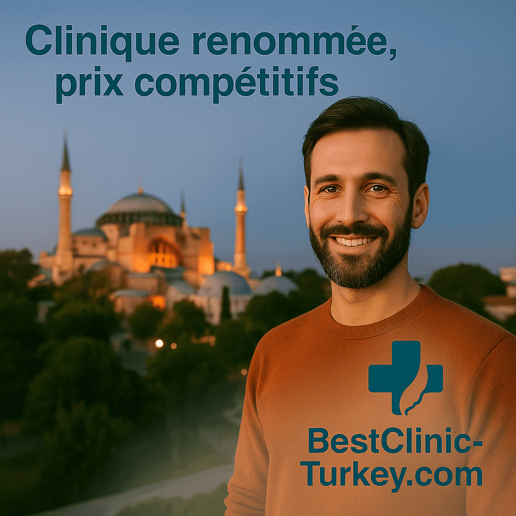 Patient satisfait en Turquie devant une clinique renommée aux prix compétitifs.