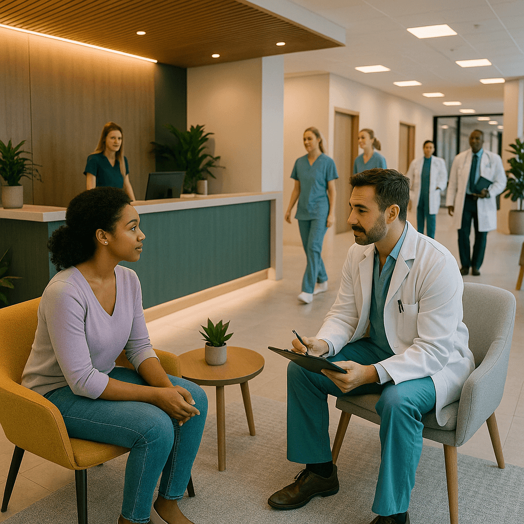 Discussion entre médecin et patiente dans une clinique moderne.