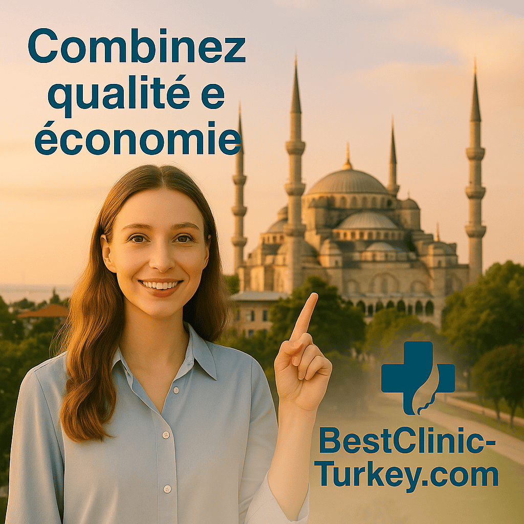 Femme souriante pointant vers la mosquée d’Istanbul avec le texte “Combinez qualité et économie” – BestClinic-Turkey