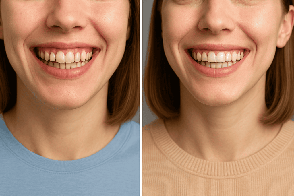 Confronto estetico gengivoplastica: dettaglio di un sorriso prima e dopo l'intervento di chirurgia gengivale per migliorare l'armonia dentale