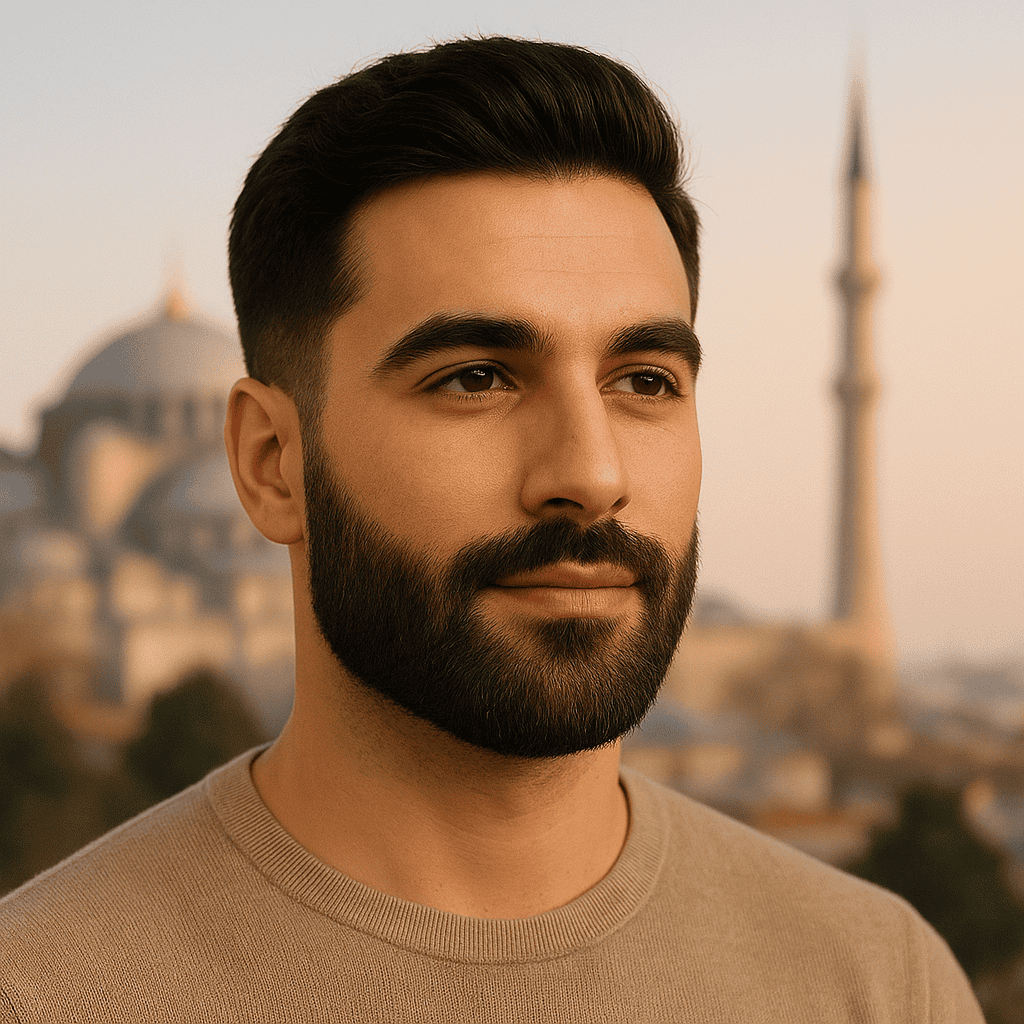 Homme avec barbe dense et uniforme après intervention de greffe de barbe à Istanbul