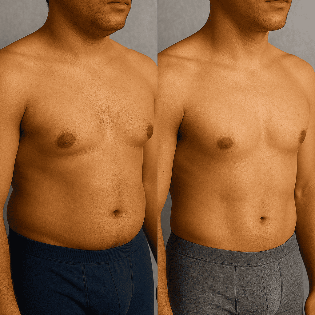Résultat chirurgie gynecomastie avant et après, profil en biais.
