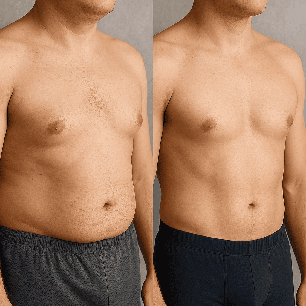 Photo avant et après chirurgie de la gynecomastie vue de trois quarts.