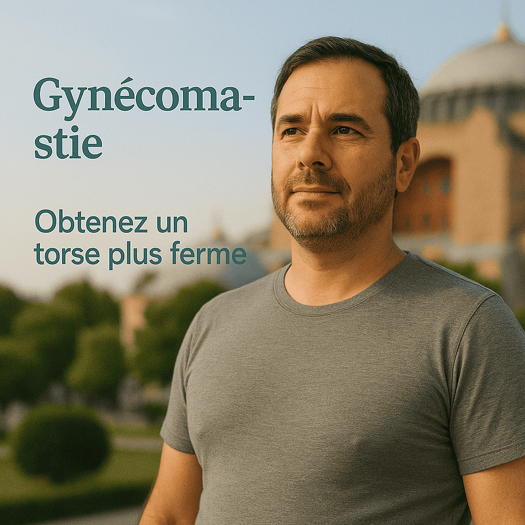 Affiche promotionnelle chirurgie gynecomastie avec texte “Obtenez un torse plus ferme”.