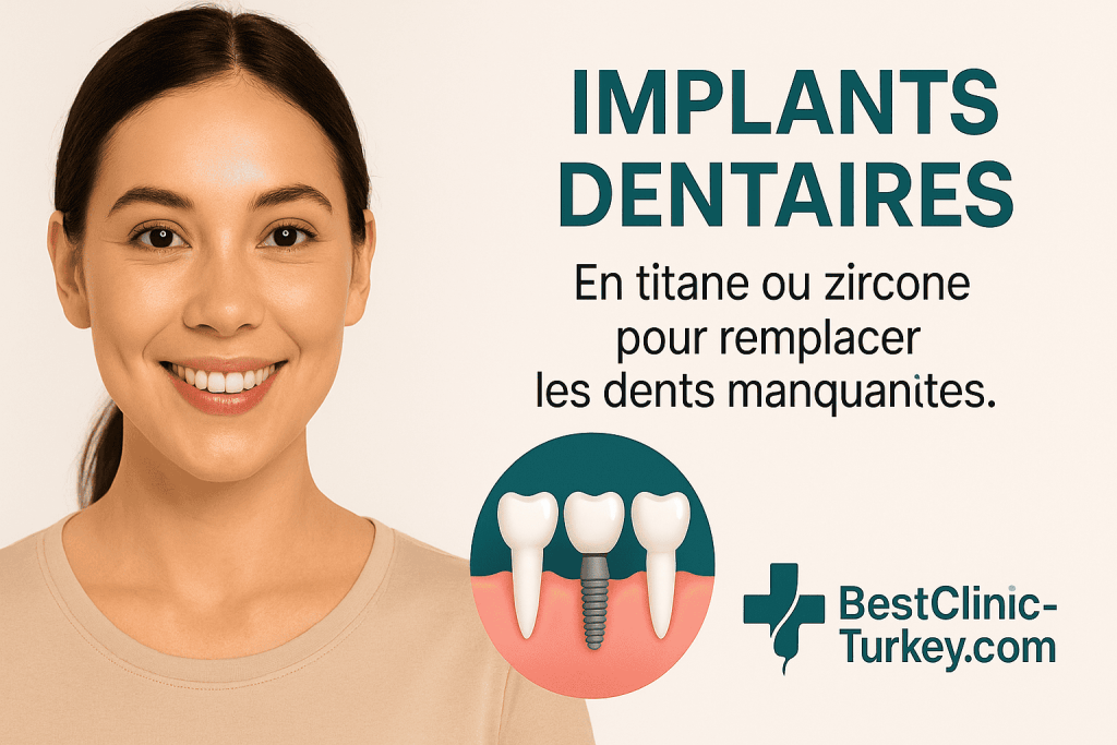 Femme souriante avec schéma illustrant des implants dentaires en titane ou zircone