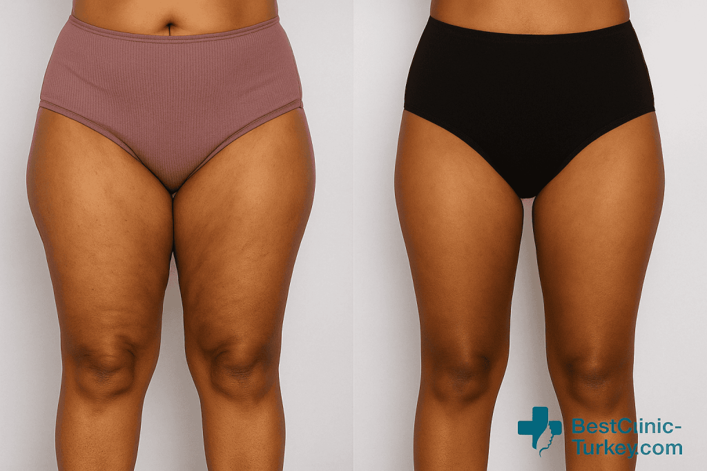 Lifting des cuisses – Résultat avant/après Lifting des cuisses avant et après, avec affinement visible des jambes.