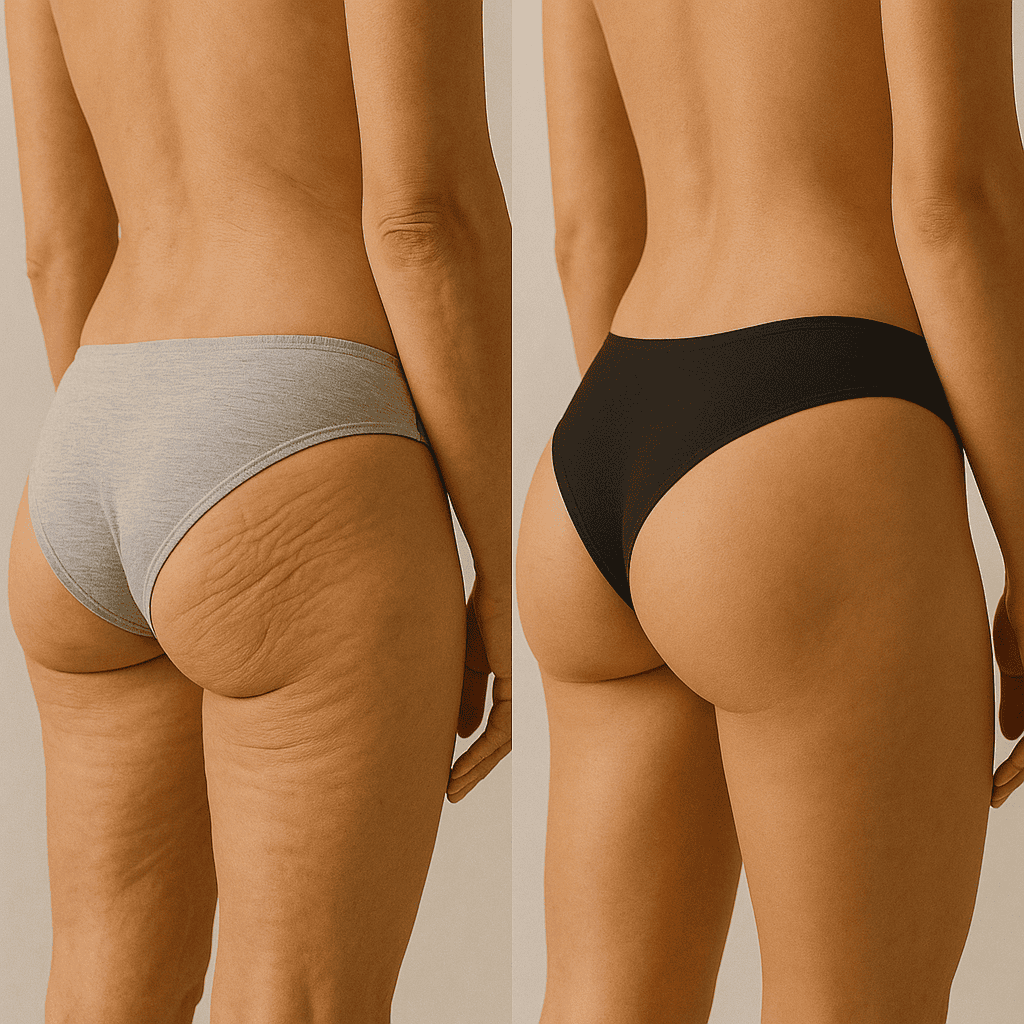 Avant et après lifting des fesses avec disparition de la cellulite et volume amélioré