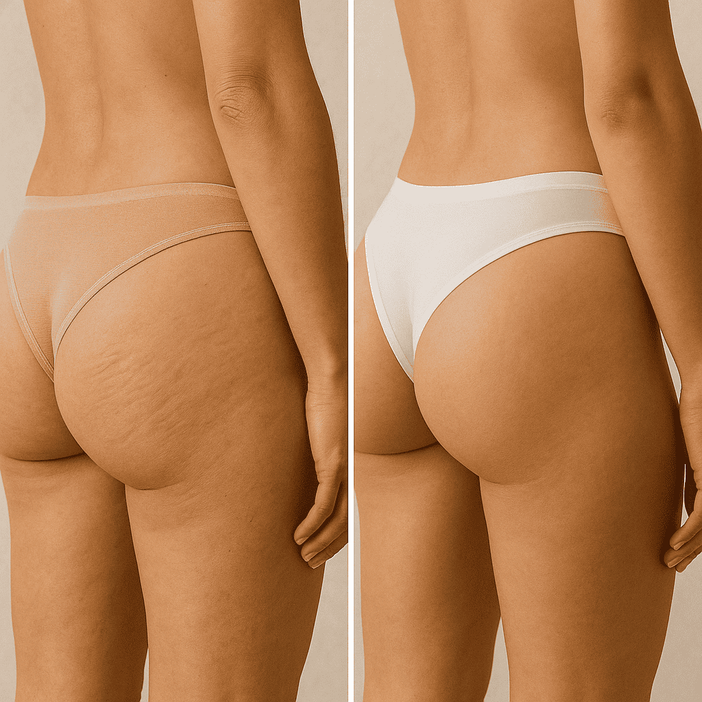 Résultat avant et après lifting des fesses montrant une peau plus lisse et des fesses raffermies