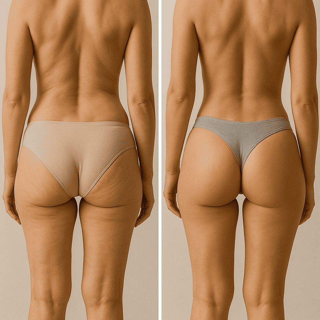Lifting des fesses avant et après avec fessier raffermi et silhouette affinée