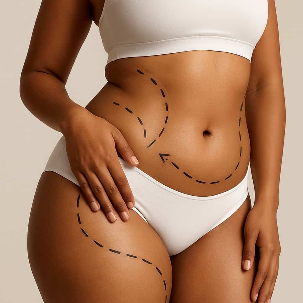 Marquages esthétiques sur l’abdomen, la taille et les cuisses.