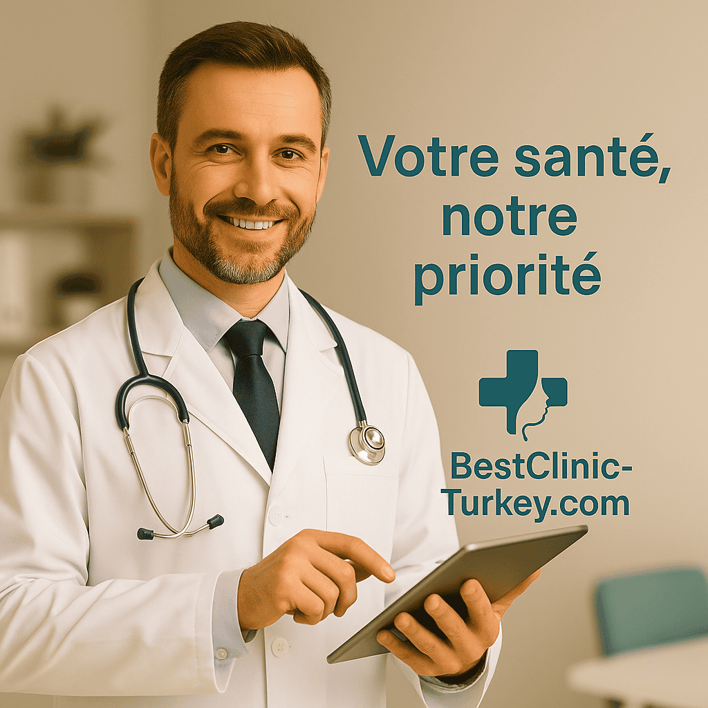 Médecin en blouse tenant une tablette avec le message « Votre santé, notre priorité »