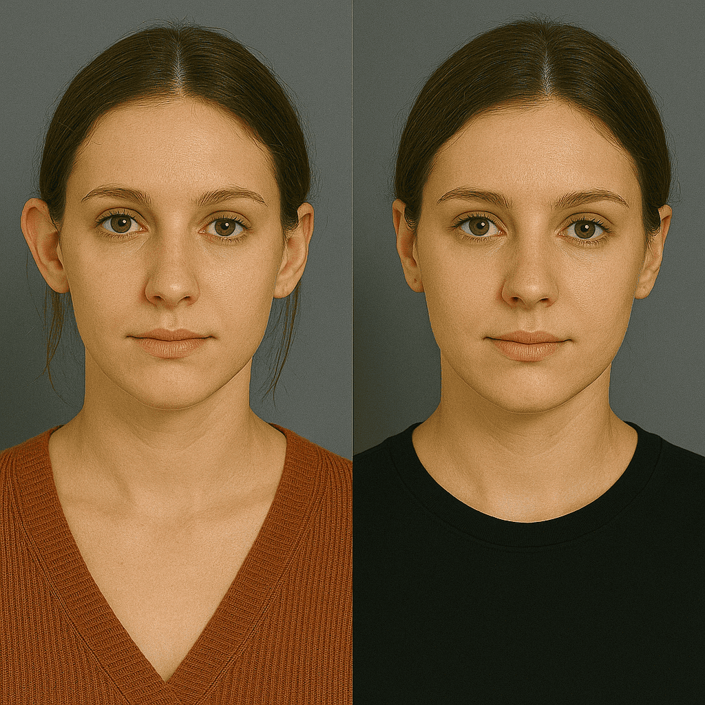 Risultato prima e dopo otoplastica per correzione orecchie prominenti su paziente donna