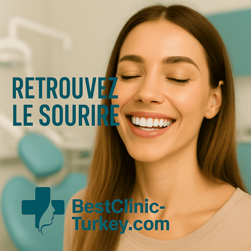 Femme souriante dans un cabinet dentaire avec texte retrouvez le sourire