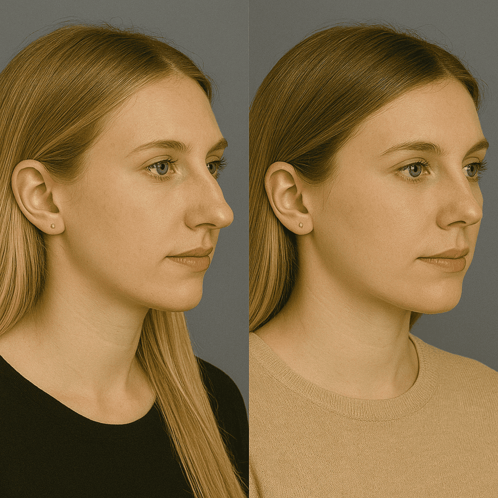 Résultat avant et après rhinoplastie, profil féminin corrigé.