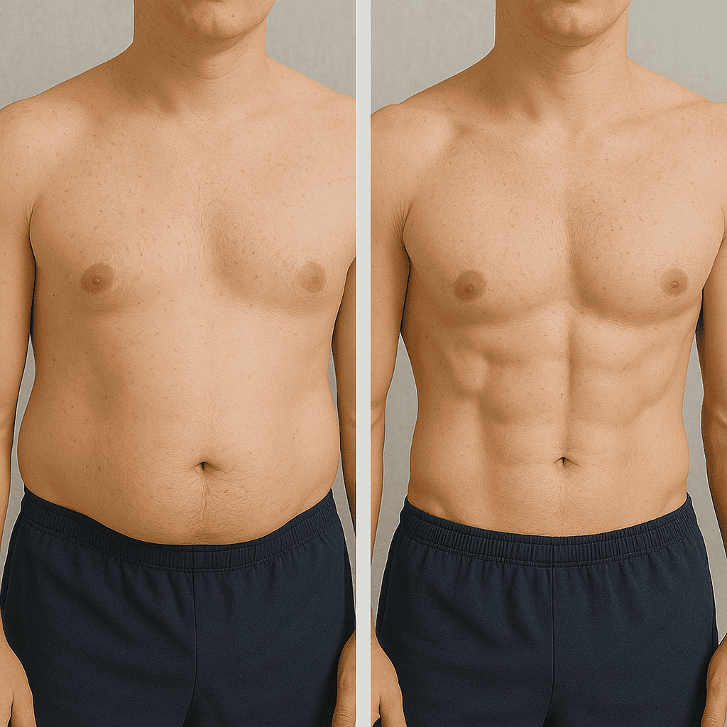Trasformazione addominale maschile: liposuzione alta definizione prima e dopo