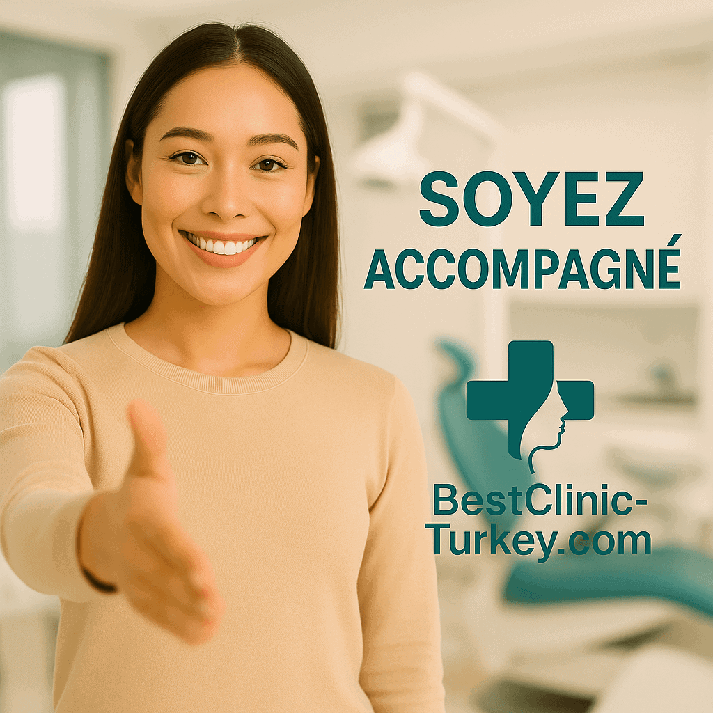 Femme souriante tendant la main avec le texte “Soyez accompagné” – BestClinic-Turkey