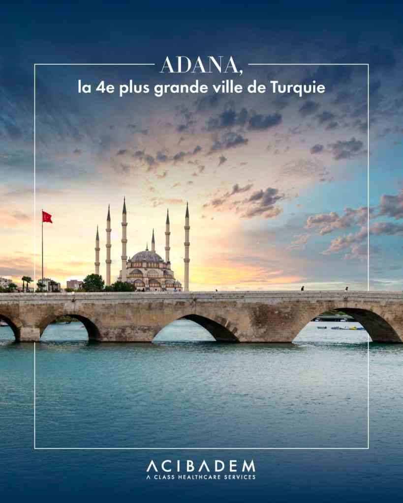 Veduta aerea di Adana in Turchia con la Moschea Sabanci e il ponte romano per i pazienti internazionali Acibadem