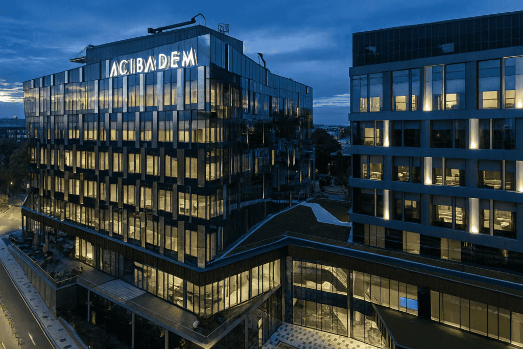Acibadem Hospitals Group Turchia: architettura moderna della clinica premium illuminata di notte