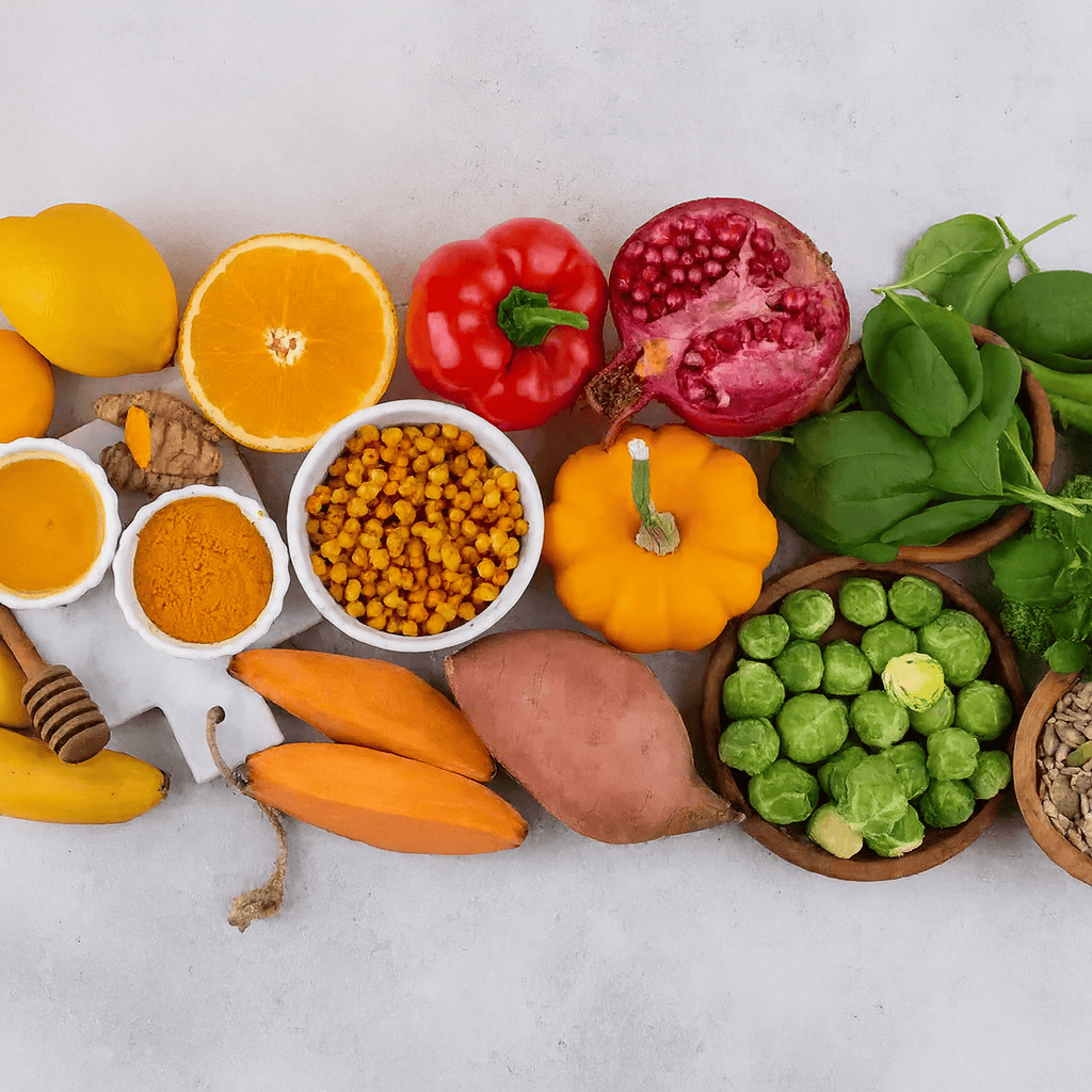 Selezione di alimenti sani e nutrienti come agrumi, melograno, zucca e lenticchie per favorire la guarigione post-trapianto di capelli
