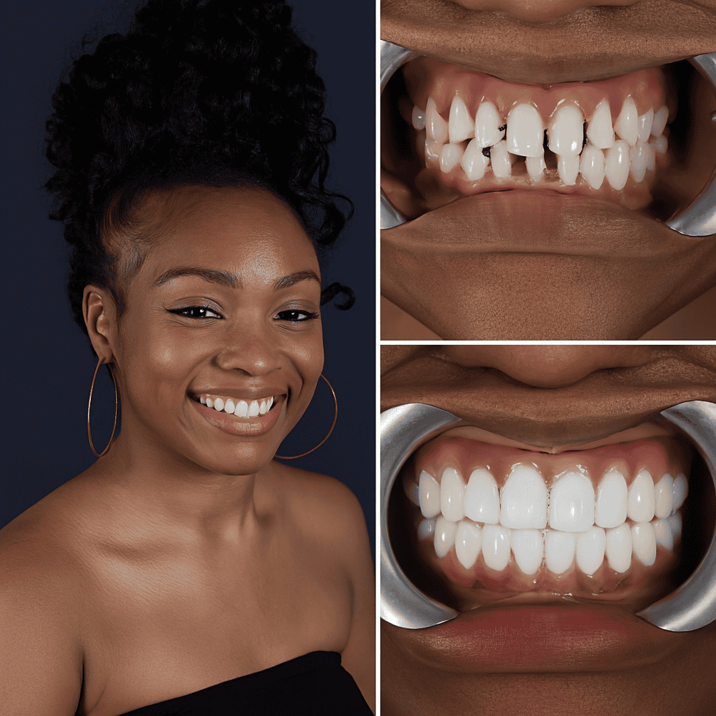 A woman with a perfect smile after teeth whitening treatment.