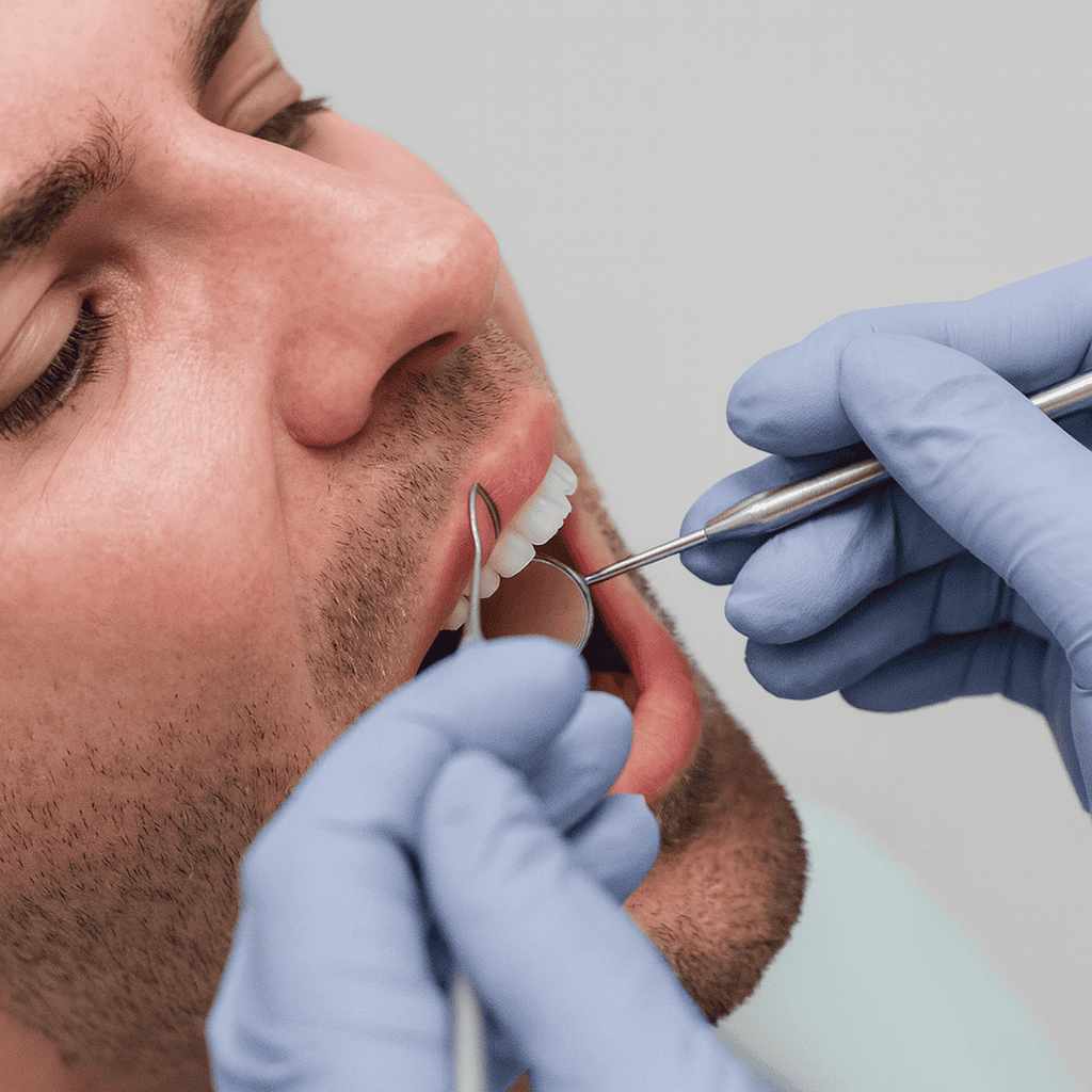 Dentiste en train d’examiner la bouche d’un patient avec un miroir dentaire