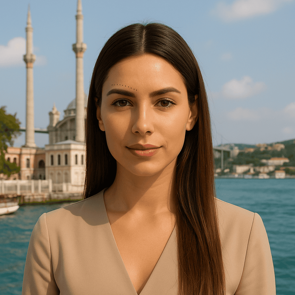 Femme après lifting des sourcils en Turquie avec vue sur une mosquée