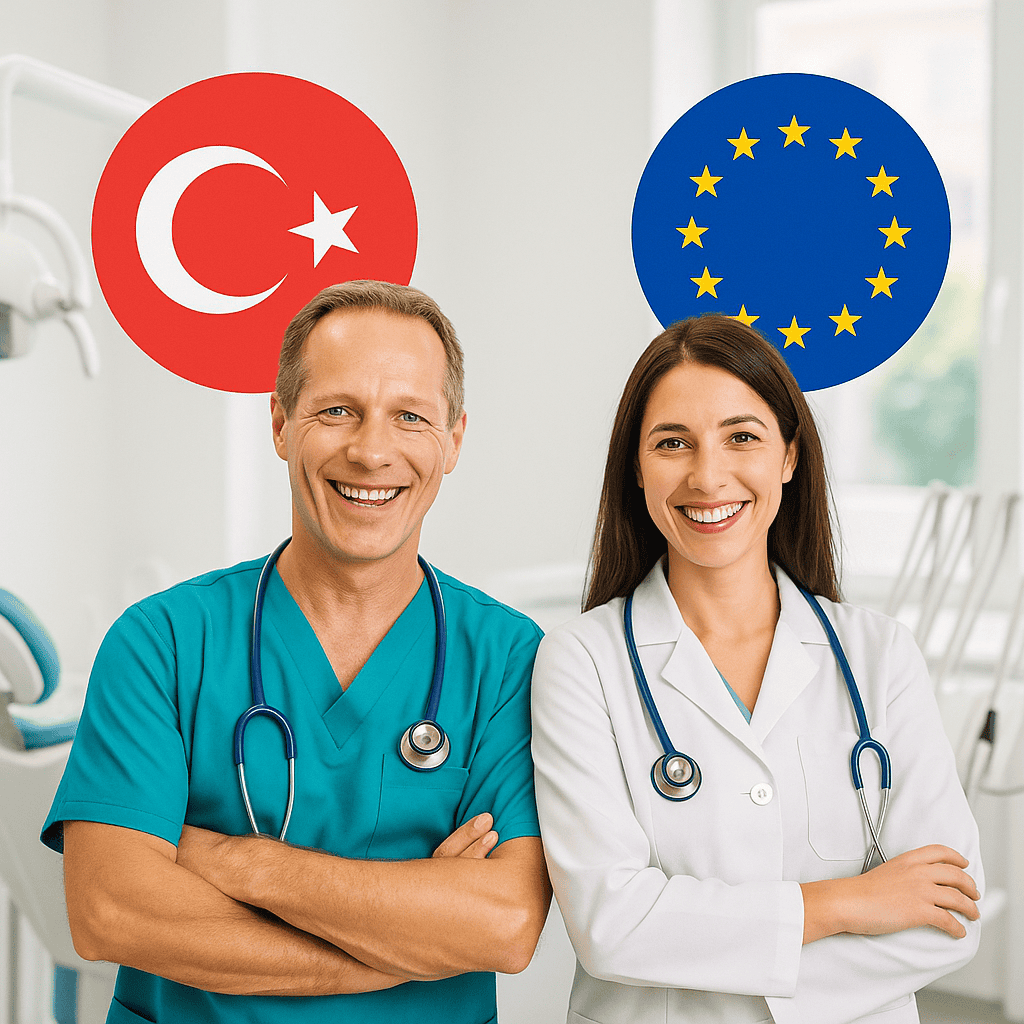 Médecins turc et européen souriants représentant les soins entre la Turquie et l’Europe