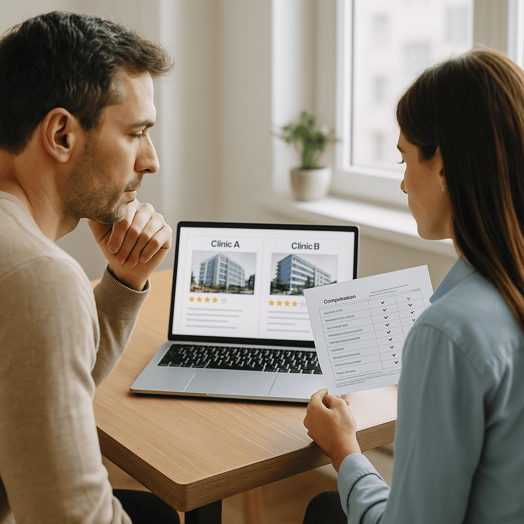 Homme et femme comparant deux cliniques sur un ordinateur portable
