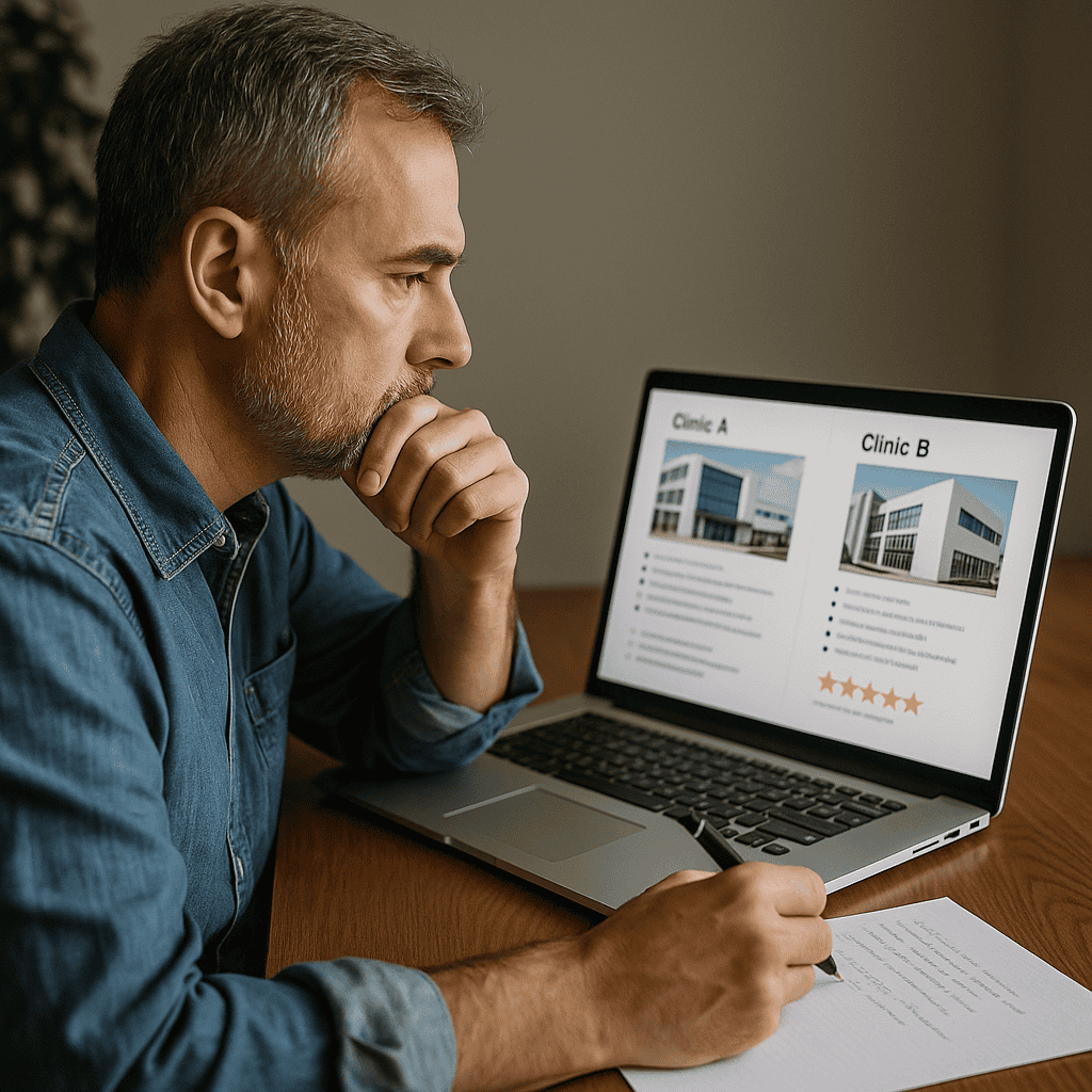 Homme consultant un comparatif de cliniques sur ordinateur