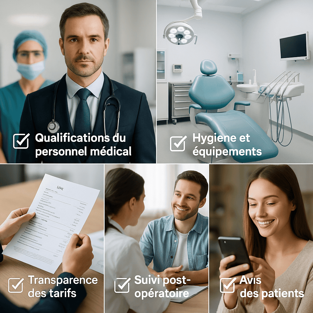 Collage illustrant les critères de choix d’une clinique médicale avec un médecin, un cabinet, des patients et des documents