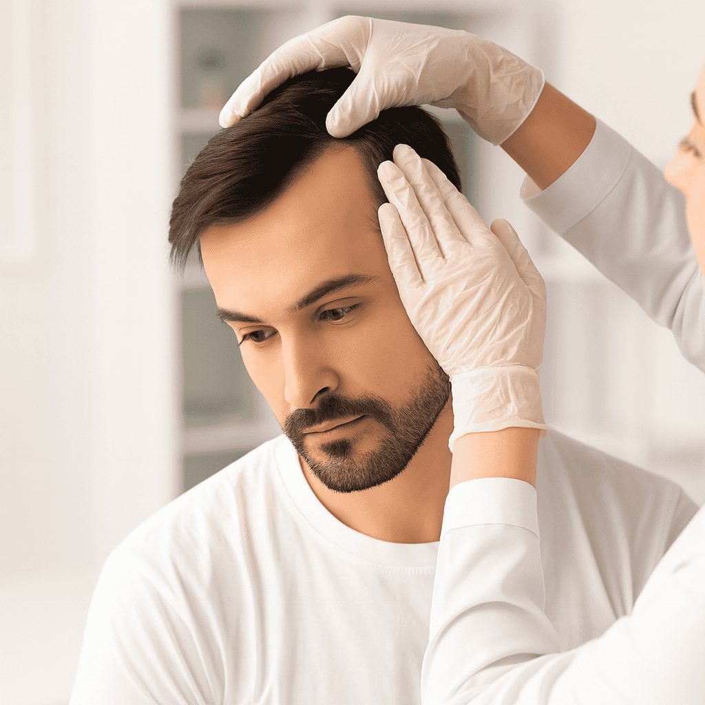 Chirurgo tricologo che analizza la linea dell'attaccatura dei capelli di un paziente per valutare i risultati della ricrescita