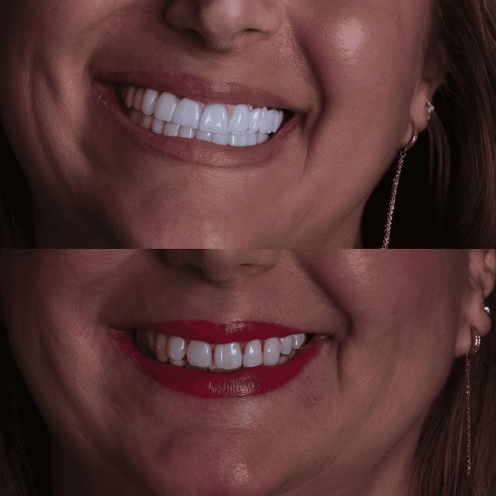 Dettaglio di un sorriso femminile con corone dentali in zirconio prima e dopo il trattamento estetico
