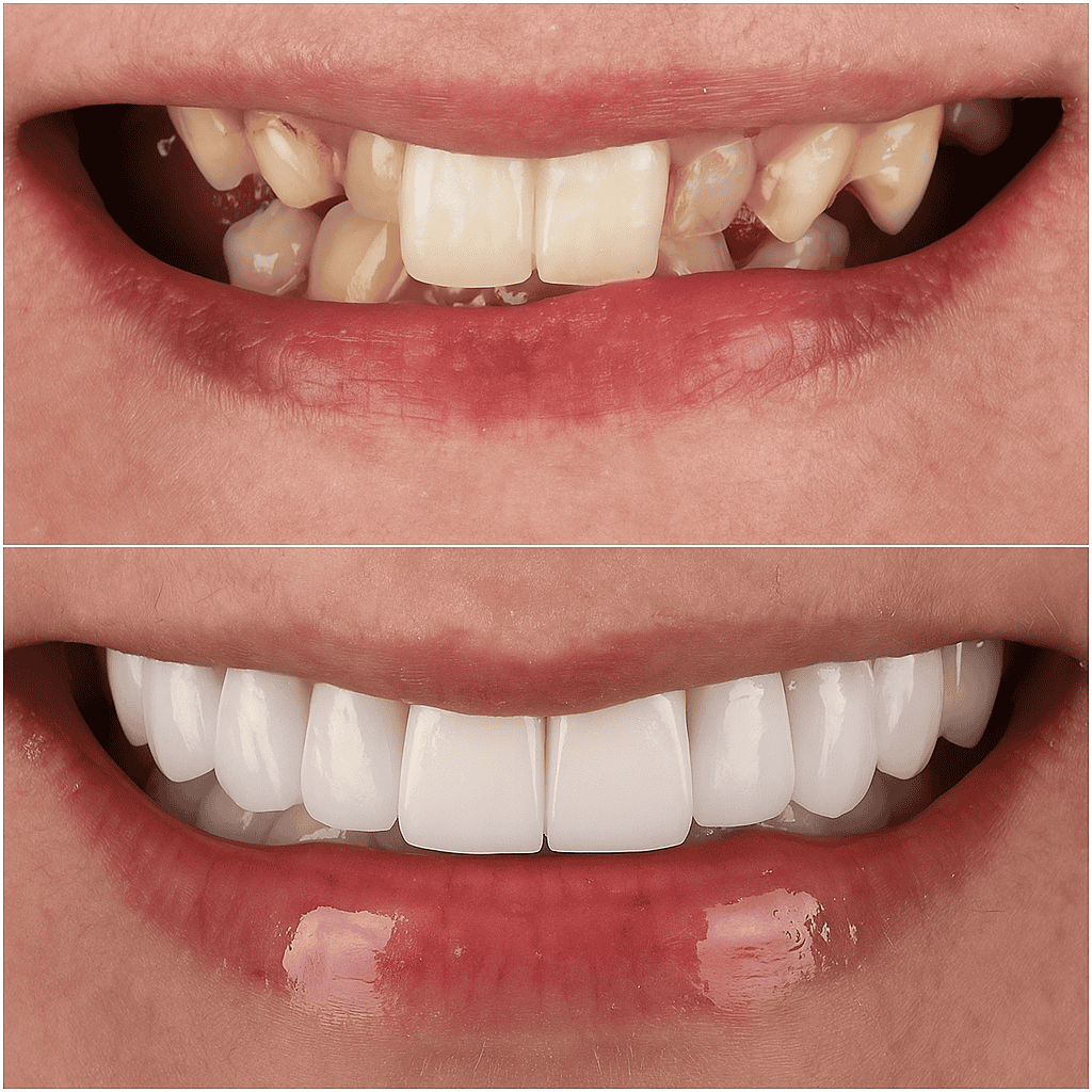 Confronto estetico di corone dentali E-max: prima con denti danneggiati e dopo con restauro completo