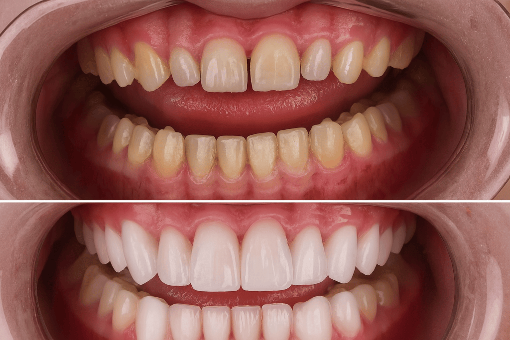 Dettaglio macro di un'arcata dentale prima e dopo la posa di faccette dentali in ceramica E-max