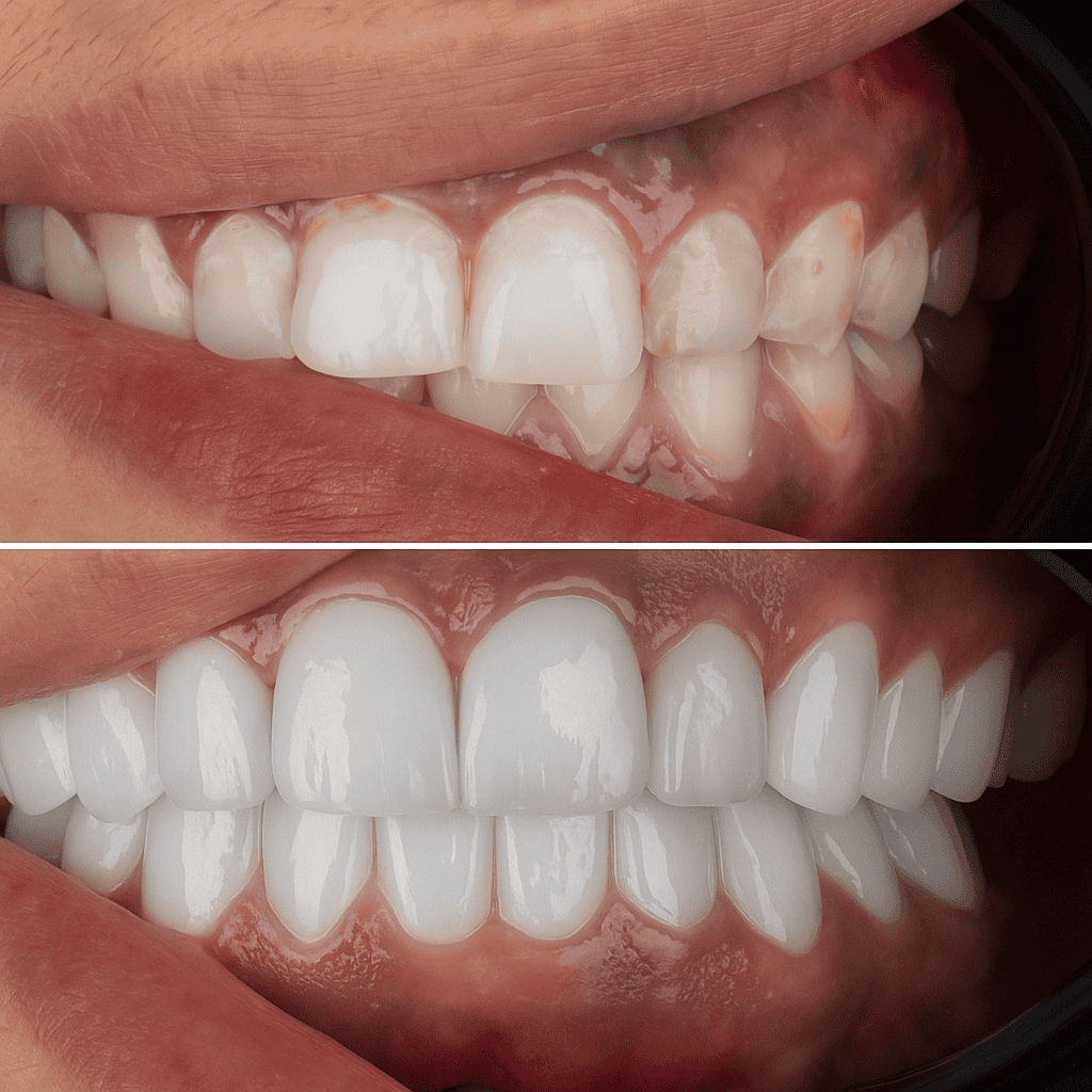 Risultato estetico prima e dopo l'applicazione di faccette dentali per correggere macchie e imperfezioni