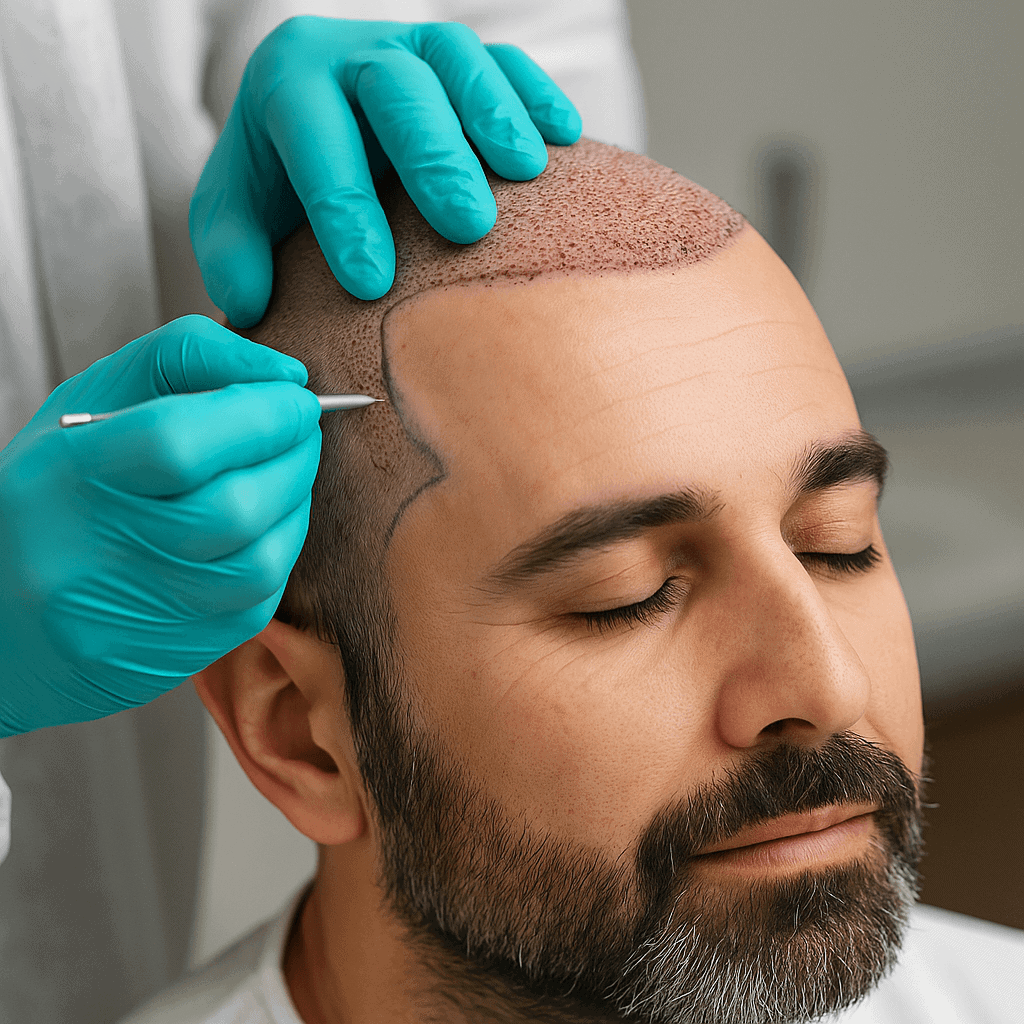 Specialista in guanti azzurri che esamina il cuoio capelluto di un paziente durante una visita di follow-up dopo un trapianto di capelli