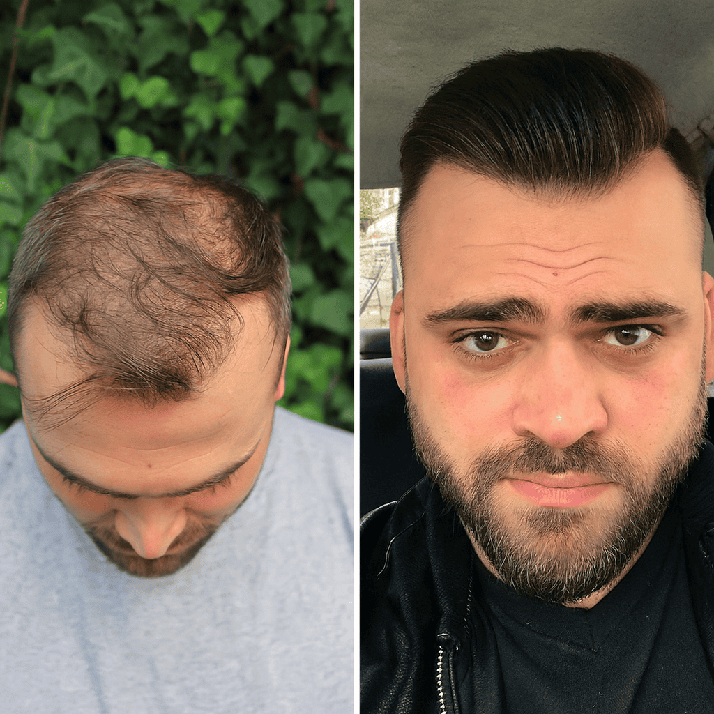 Comparaison avant et après greffe de cheveux montrant un homme avec calvitie avancée et une repousse complète sur le dessus du crâne