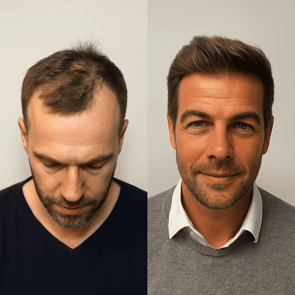 Trapianto capelli uomo prima e dopo: risultato naturale e densificazione capillare per calvizie frontale.