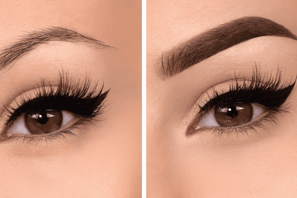 Comparatif avant et après greffe de sourcils chez une femme montrant un regard plus intense et des sourcils redessinés avec un effet naturel