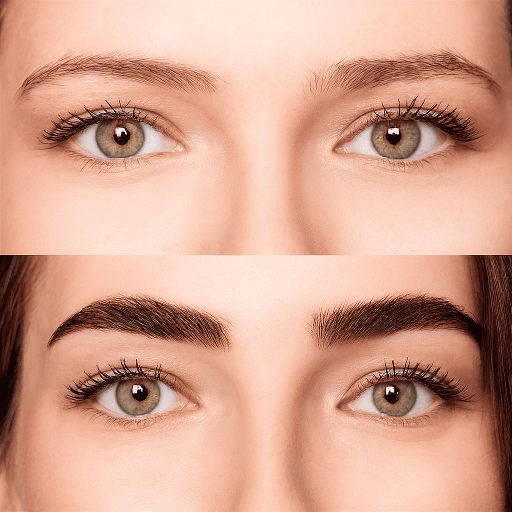 Résultat avant et après greffe de sourcils chez une femme montrant des sourcils plus épais, redessinés et parfaitement symétriques