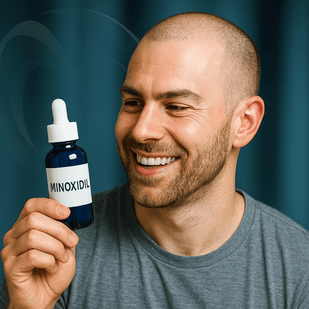 Paziente sorridente utilizza il minoxidil per stimolare la ricrescita dopo il trapianto