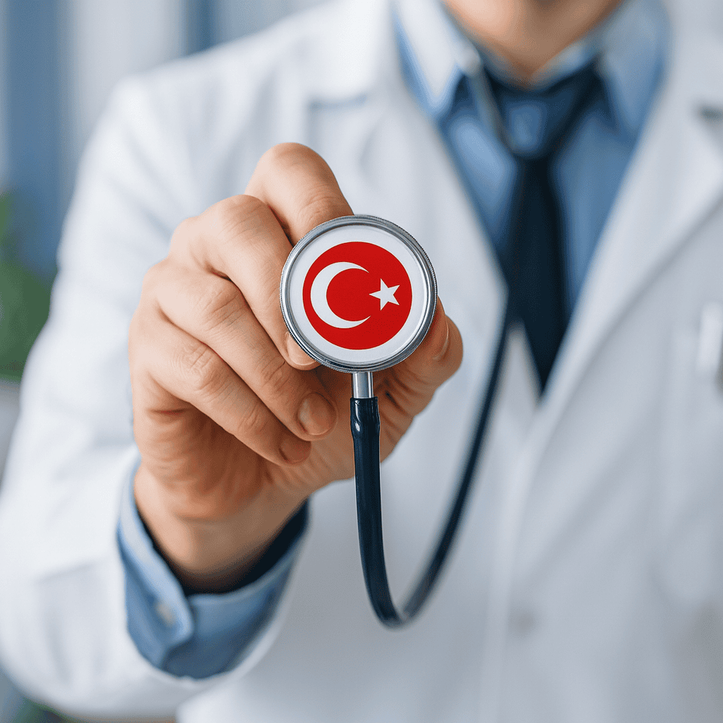Turc icône drapeau turc sur stéthoscope, diagnostic médical, soins de santé en Turquie.