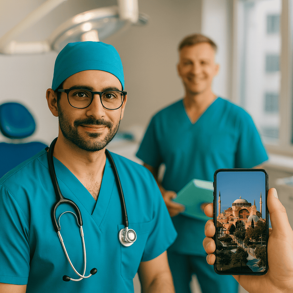 Médecins en tenue chirurgicale avec un téléphone affichant la mosquée Sainte-Sophie